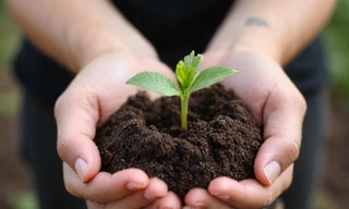 Hands planting a small seedling in fertile soil, symbolizing sustainability and growth.