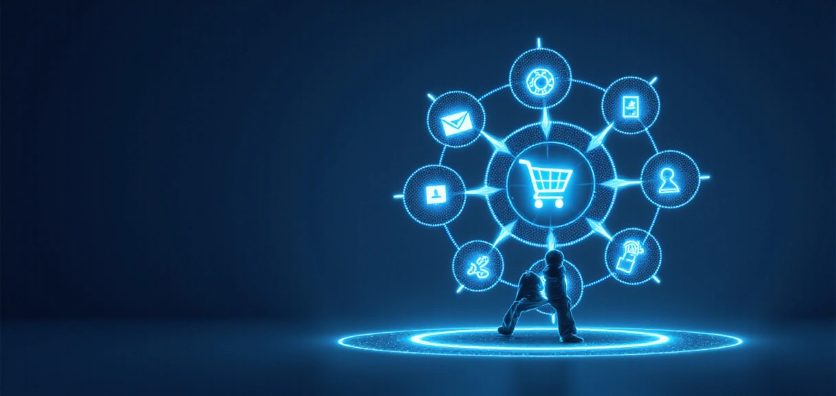 Illustration of a person interacting with digital services, representing data usage and service improvement.