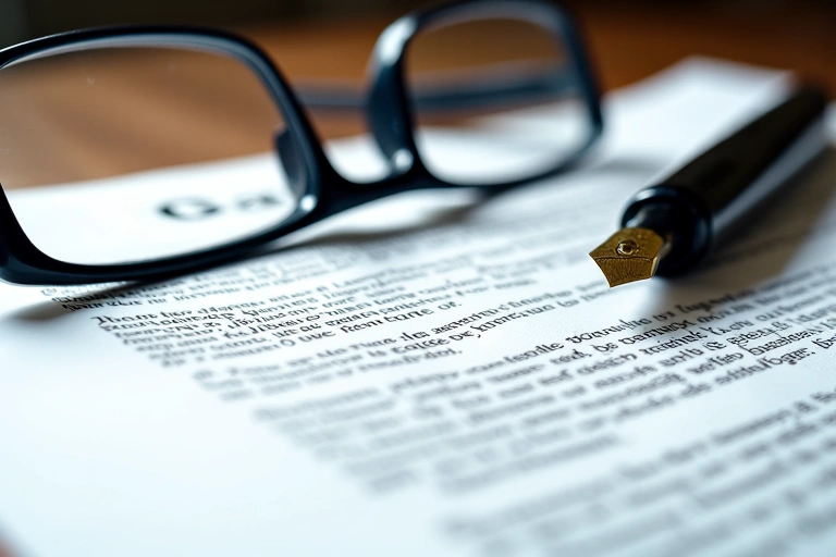 Legal document with a pen and glasses, symbolizing agreement and careful review of terms.